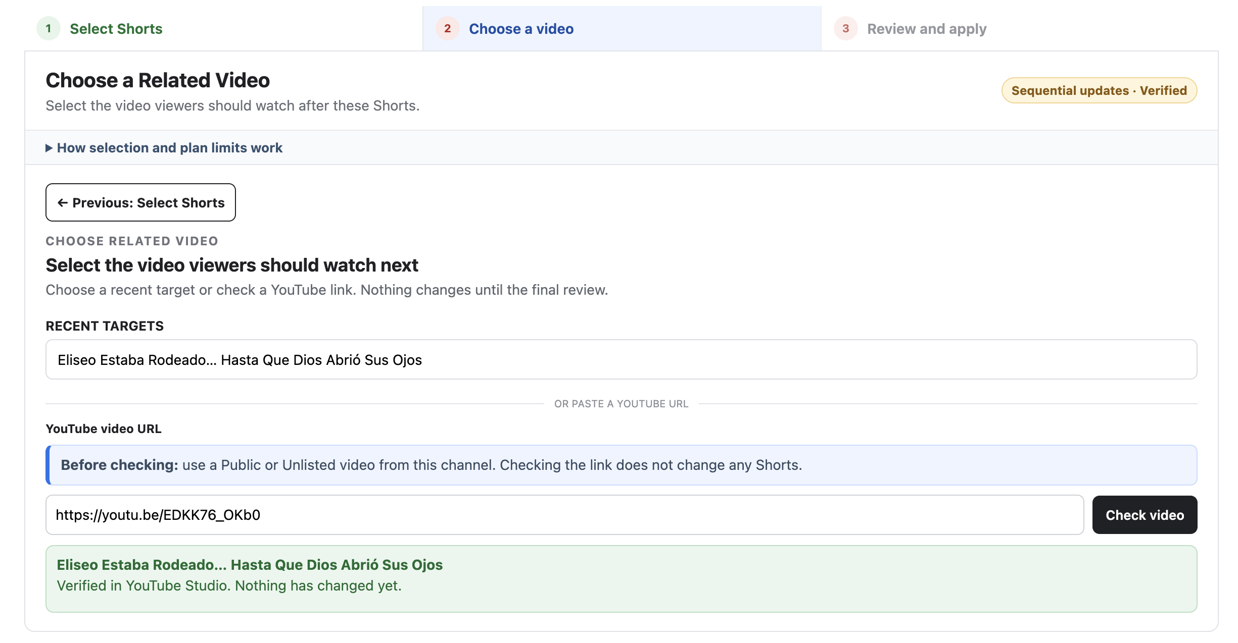 Schedule+ verifying a Related Video selected for a batch of YouTube Shorts