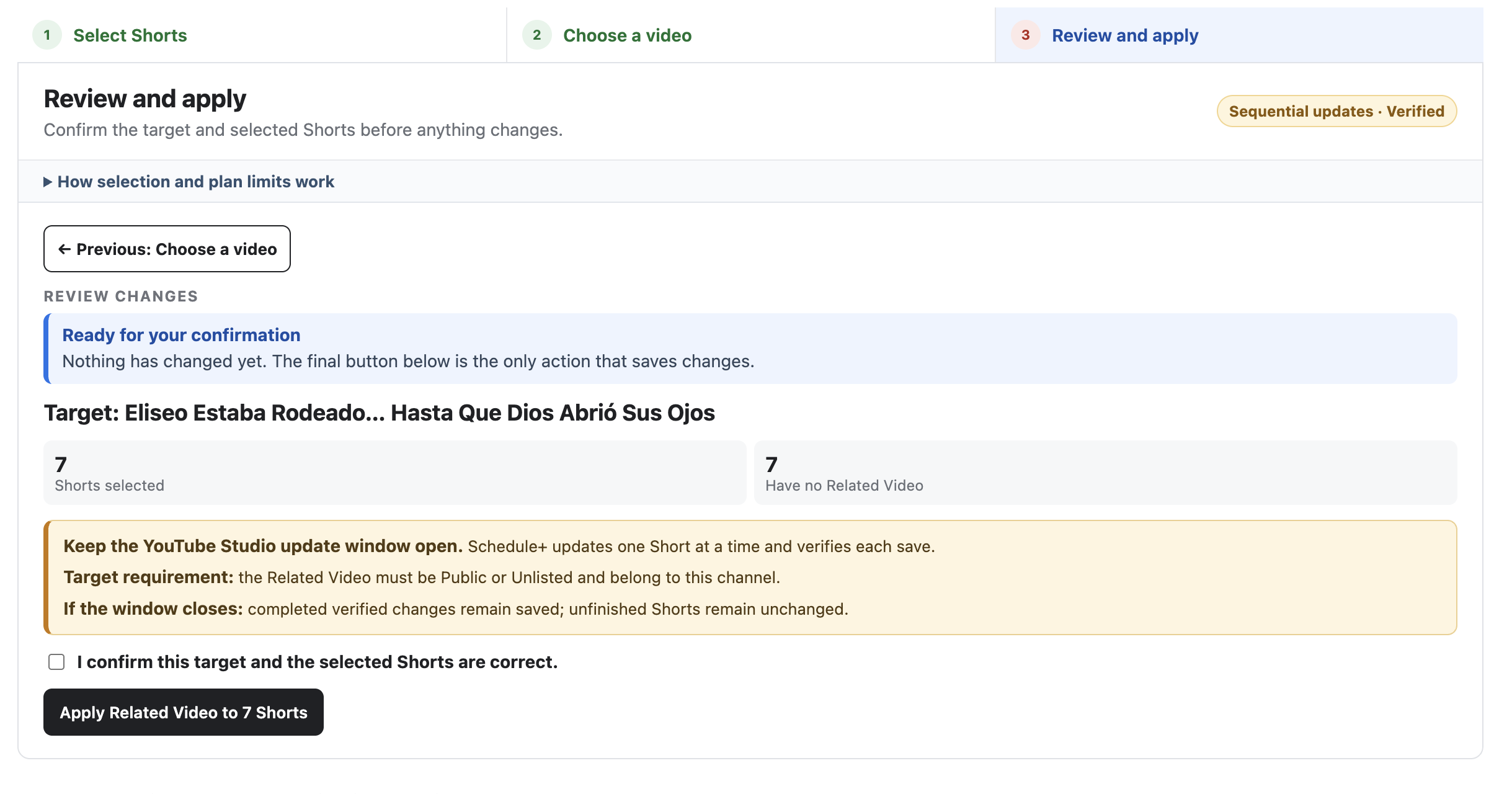 Schedule+ review screen showing seven selected Shorts and the Related Video target before applying changes