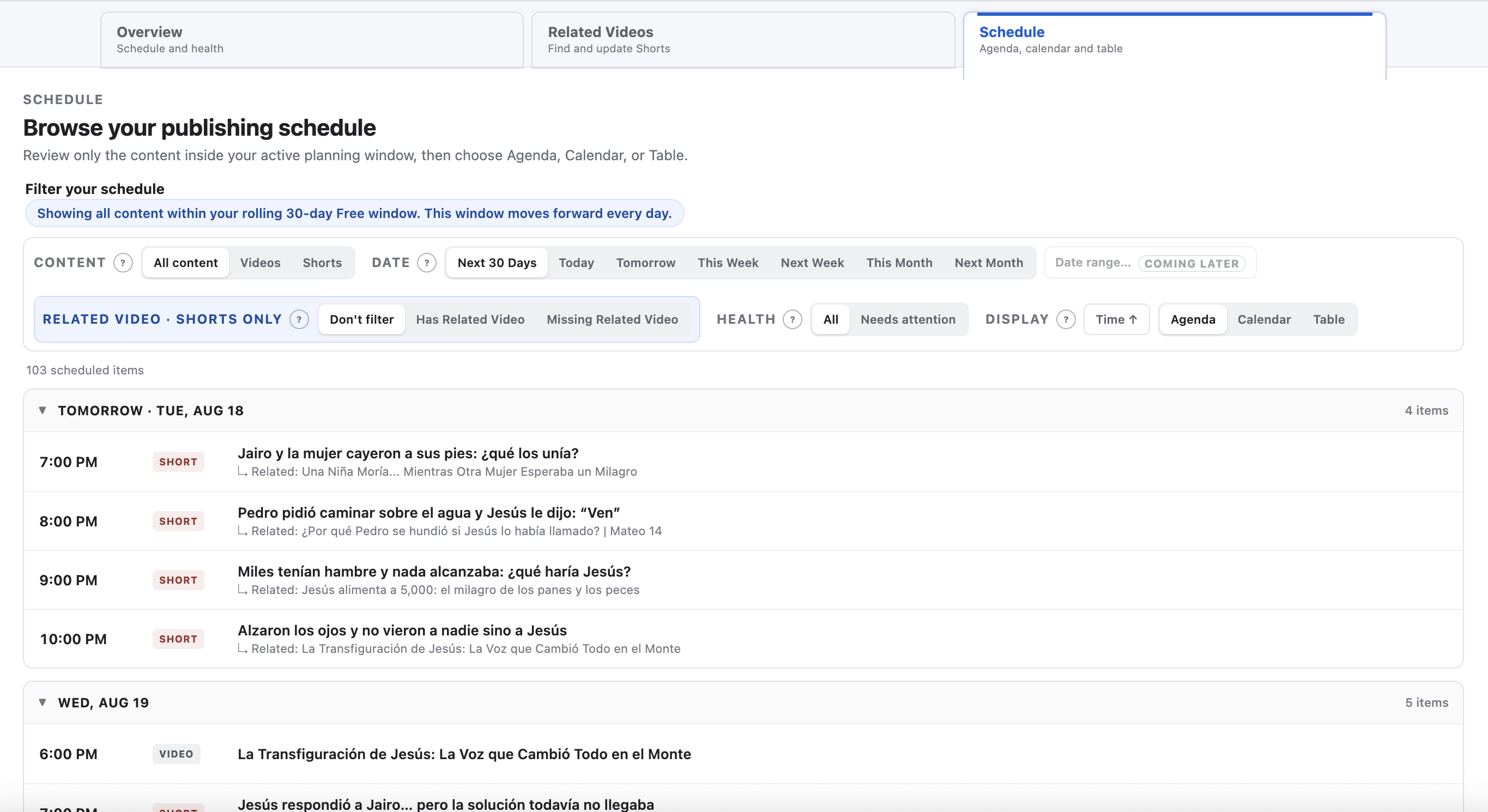Schedule+ Agenda display showing scheduled videos and YouTube Shorts grouped by date and time