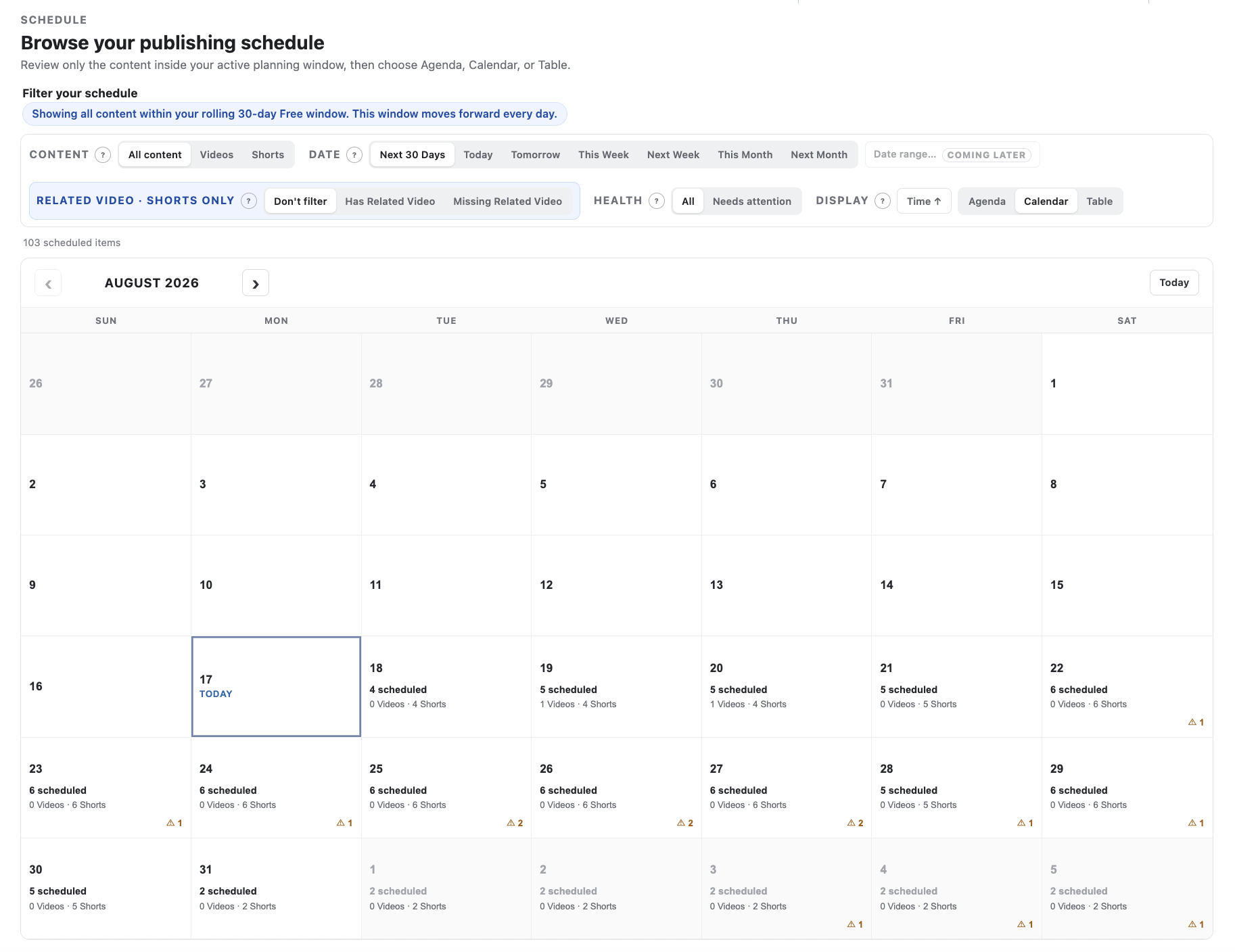 Schedule+ Calendar display showing a month of scheduled videos and YouTube Shorts