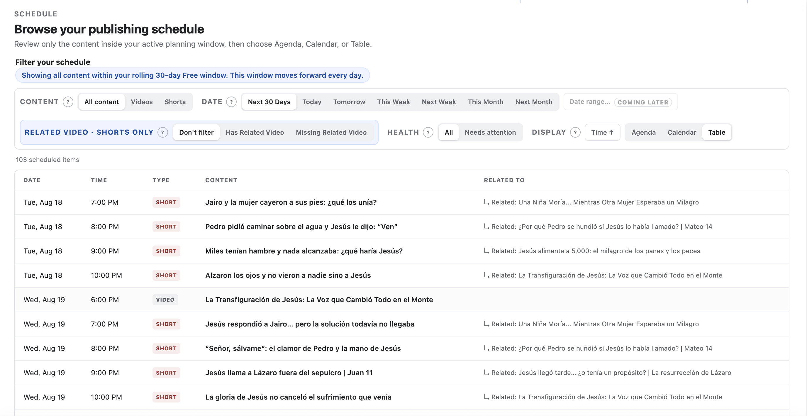 Schedule+ Table display showing scheduled content with date, time, type, and Related Video columns